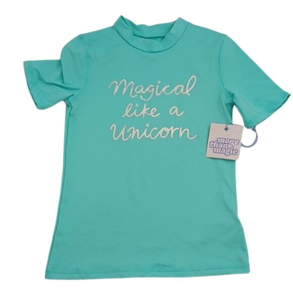 More Than Magic Rash Guard Youth Girls Aqua Magical Unicorn Short Sleeve - Picture 1 of 5